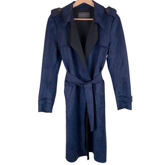 Esprit Jackets & Blazers - Esprit Midnight Blue Ultrasuede Belted Long Trench Military Coat sz XS